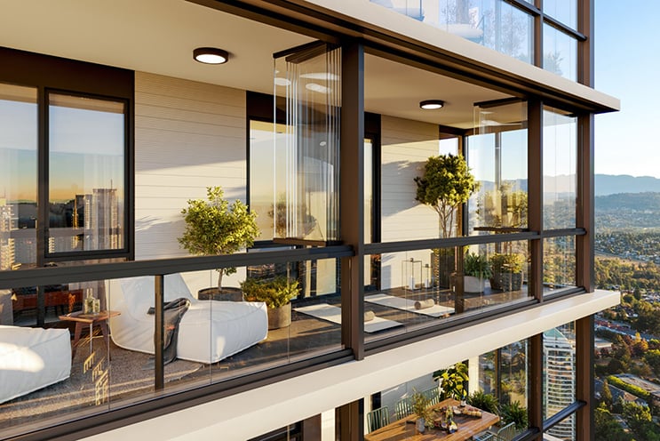Balconies with furniture and a view of a beautiful blue sky
