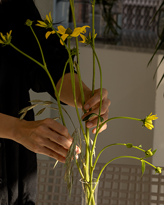 Arranging yellow flowers in a vase