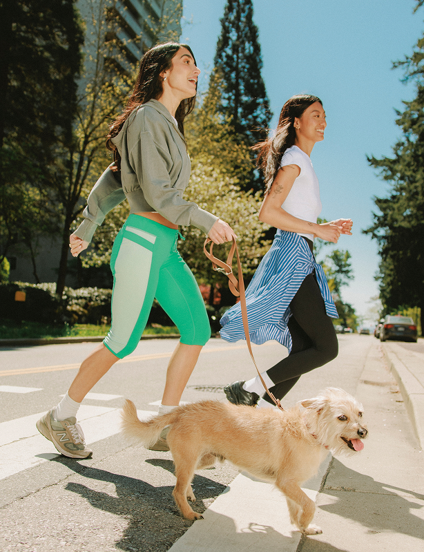 Two people walking across the road with their dog