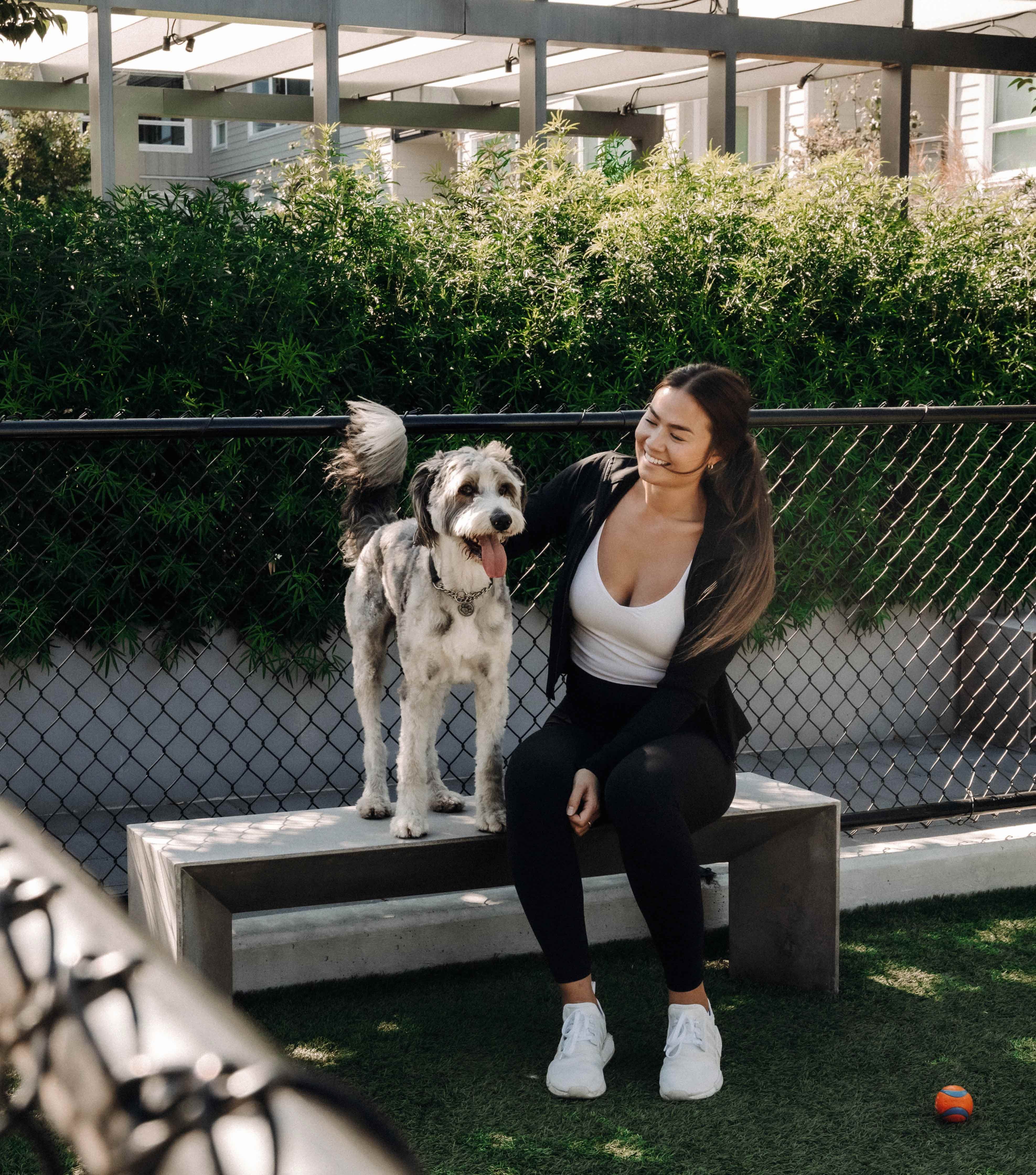 Resident enjoys the pet run at Pandora rental apartments in Victoria