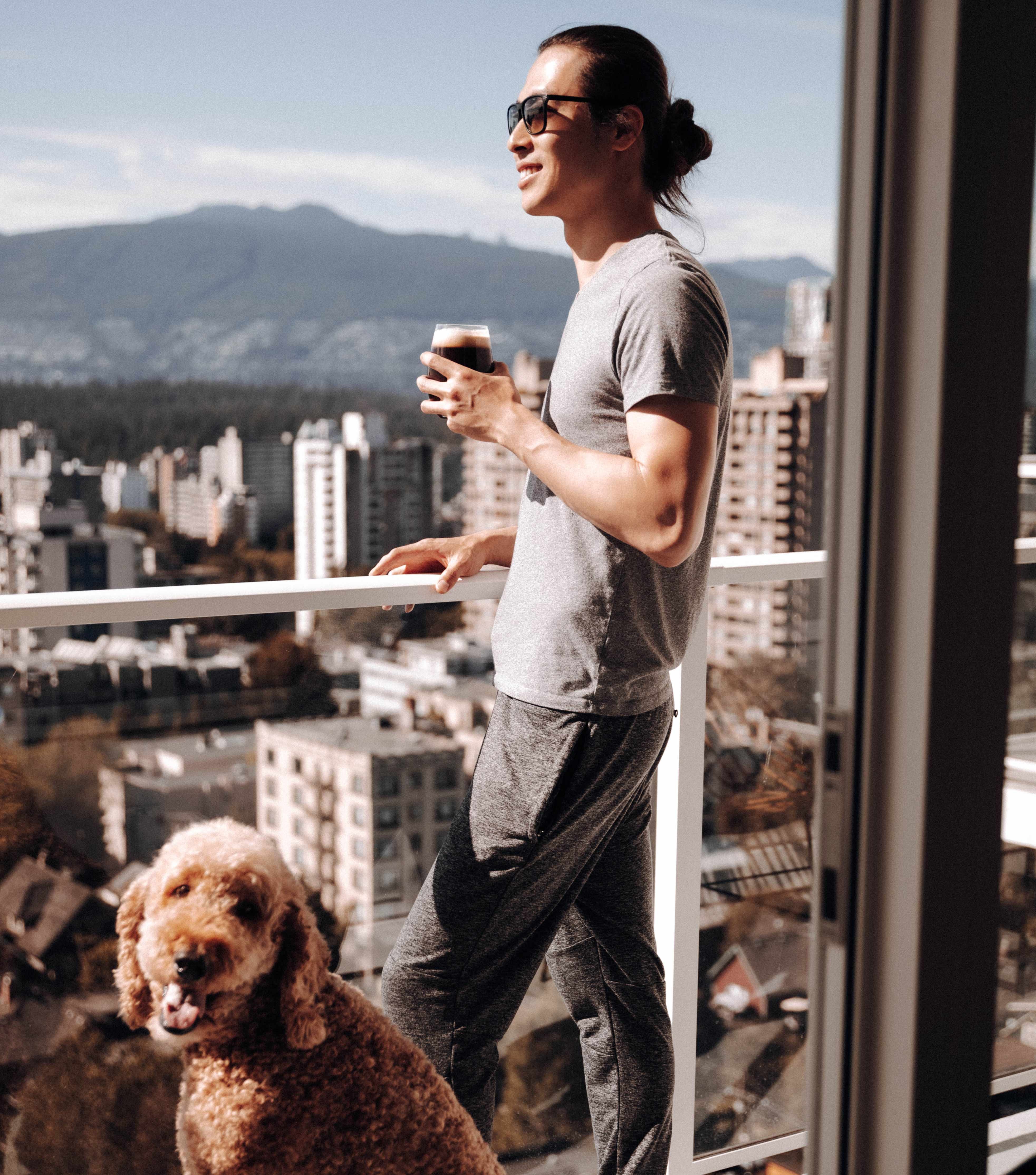 Pendrell resident enjoys the view from his patio with his dog