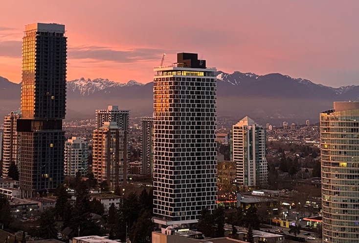 Burnaby skyline at sunset