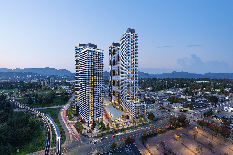 PKWY in Surrey, a masterplan with multiple towers at dusk