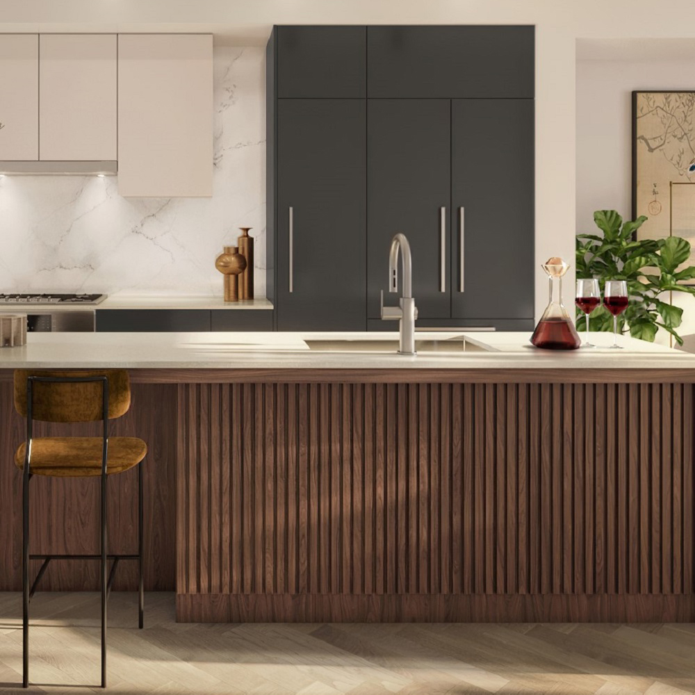 Kitchen with wooden island and chair