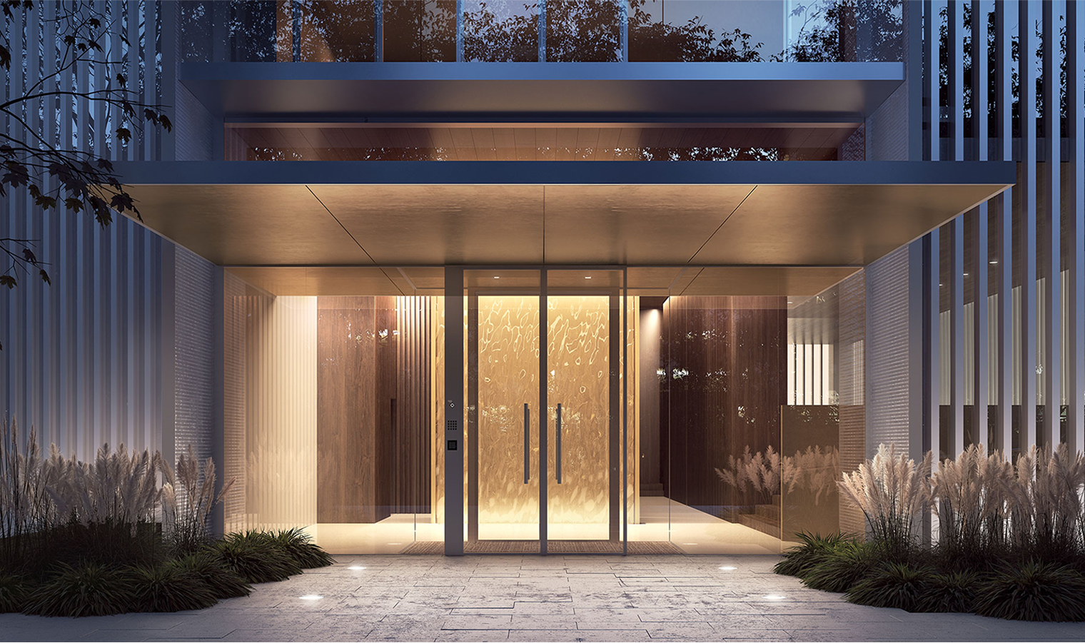 Lobby with nice lighting and greenery surrounding