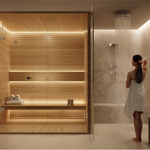Sauna in a light colour scheme with a woman walking in