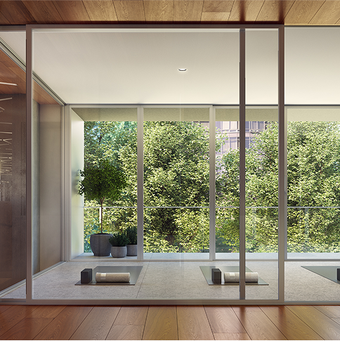 Yoga studio lit up by natural light and greenery outside