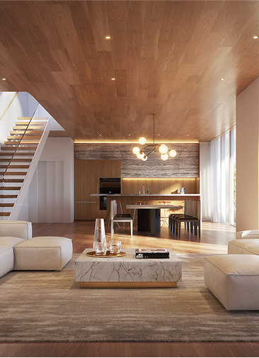 Lounge in a wood colour scheme with light coloured furniture