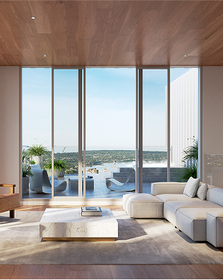 Living room in a wood colour scheme with a balcony overlooking the blue sky