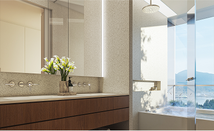 Bathroom in a light colour scheme with a view of the blue sky