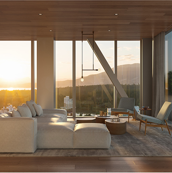 A living room with light coloured furtniture and wood overlooking a sunrise