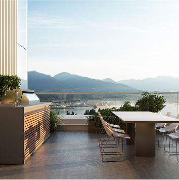 A balcony overlooking the Vancouver mountains