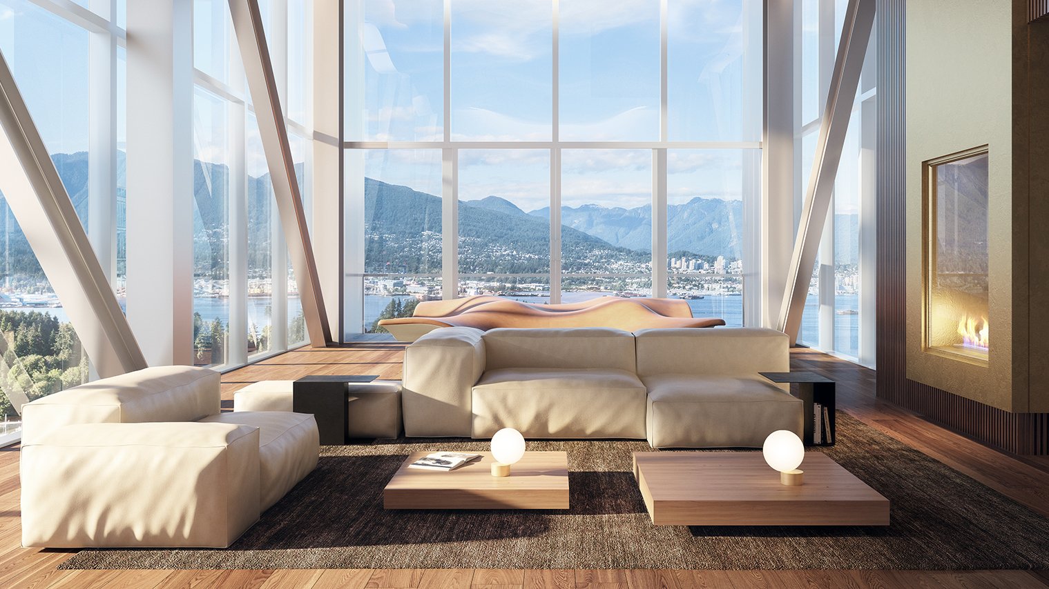 A lounge at Fifteen Fifteen overlooking Coal Harbour in Vancouver