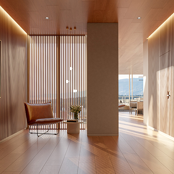 Sunlight illuminating a living room in a wooden colour scheme