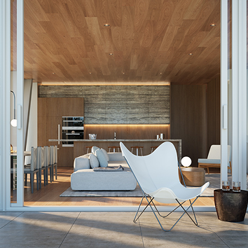 Balcony looking into a wood scheme living room