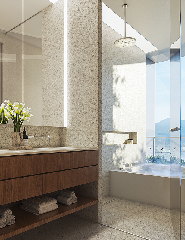 Bathroom in a light colour scheme with a view of the blue sky