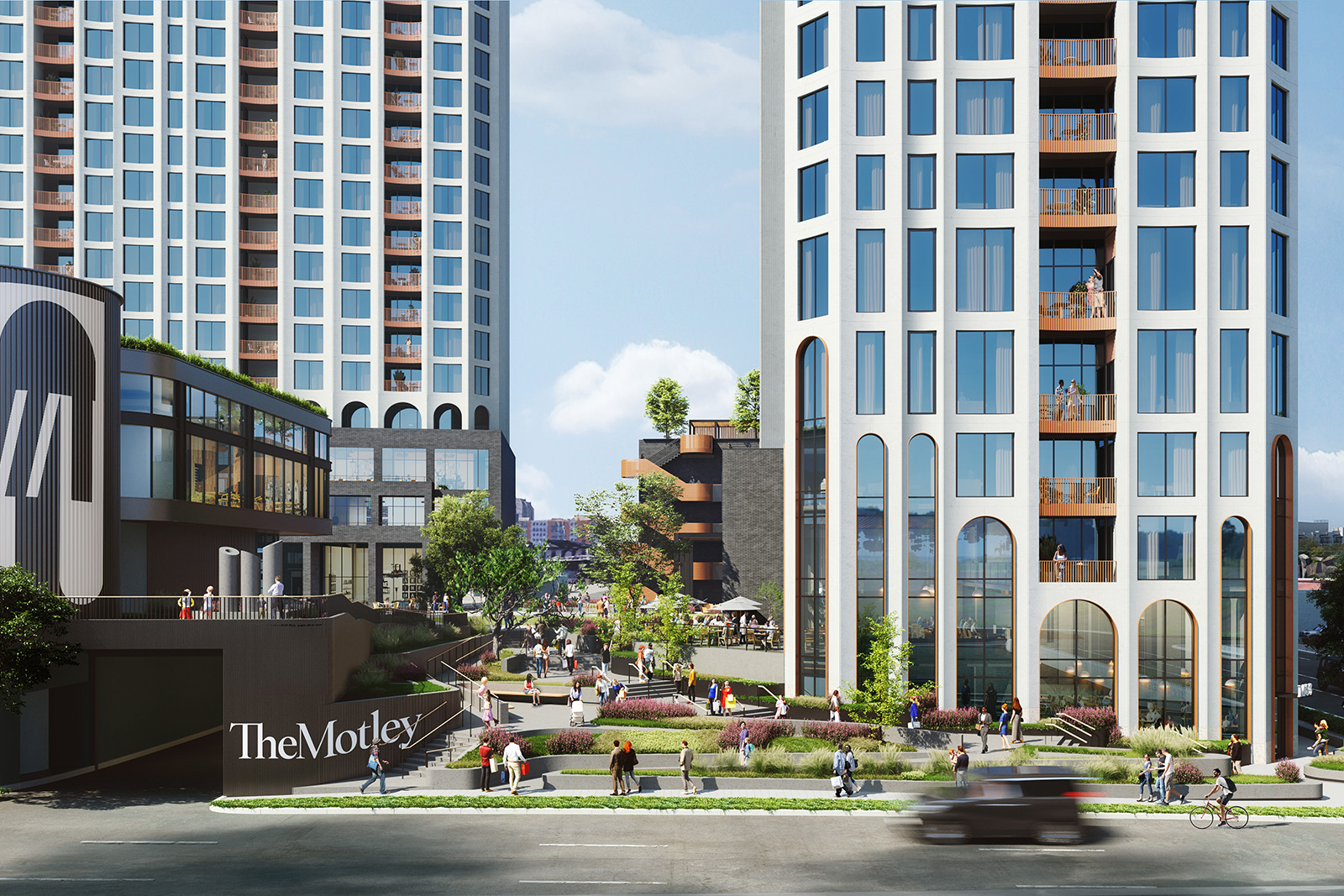 The Motley building is Nashville with greenery and people walking around