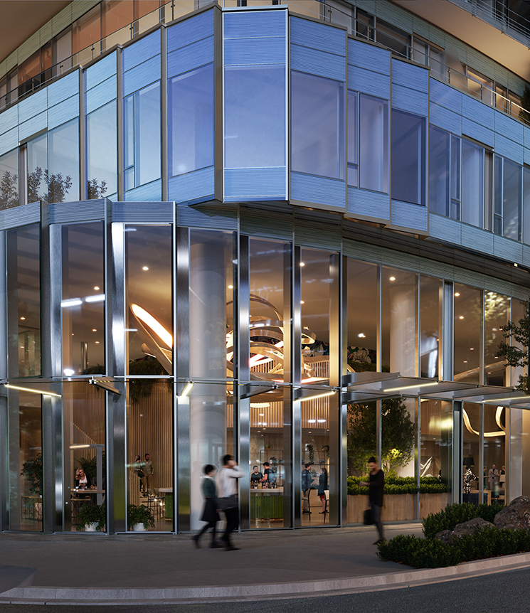 Entryway into REN Seattle with people walking around a brightly lit lobby