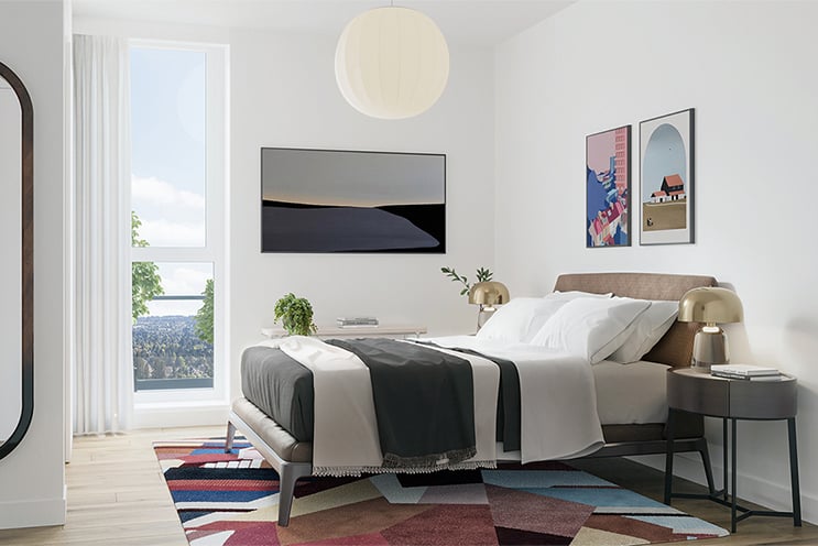 A bedroom in with colourful decoration