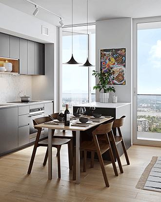 Bright kitchen with floor to ceiling windows.