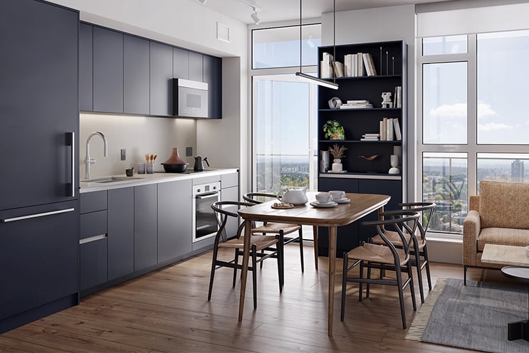 2 bedroom with a table and a navy colour scheme