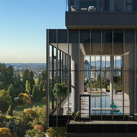 Bosa Properties' Central Park House's pool with Burnaby's Central Park in the background