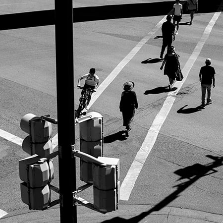Pedestrians and cyclists crossing the road
