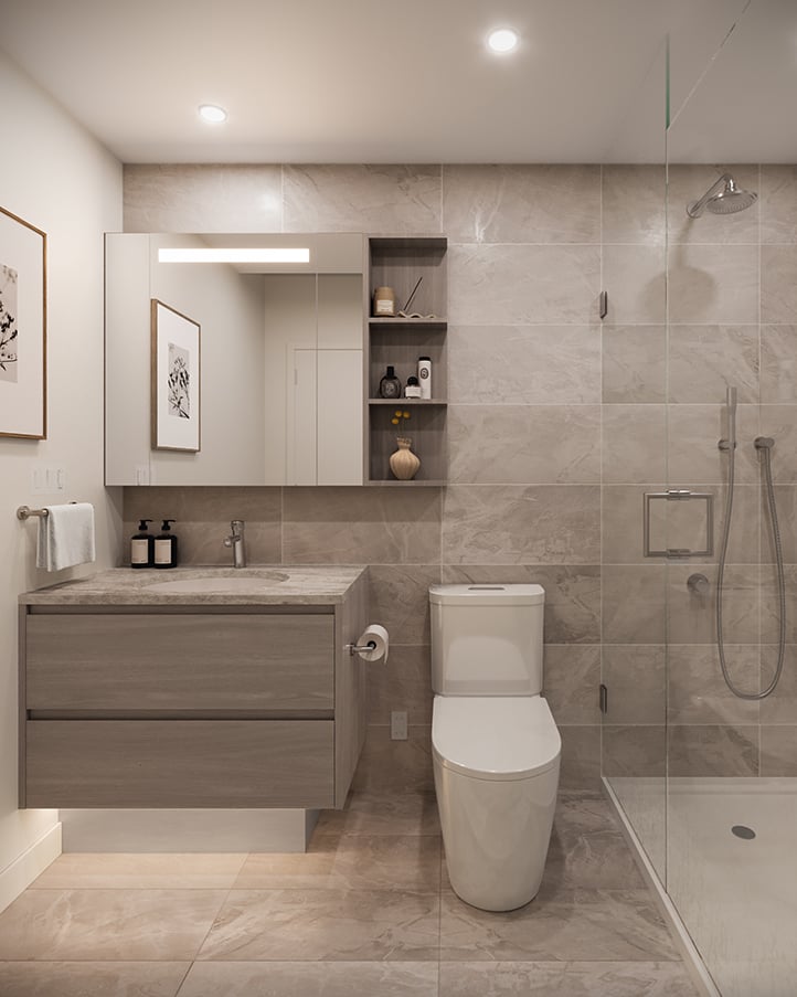 Tiled bathroom with mood lighting in a light colour scheme