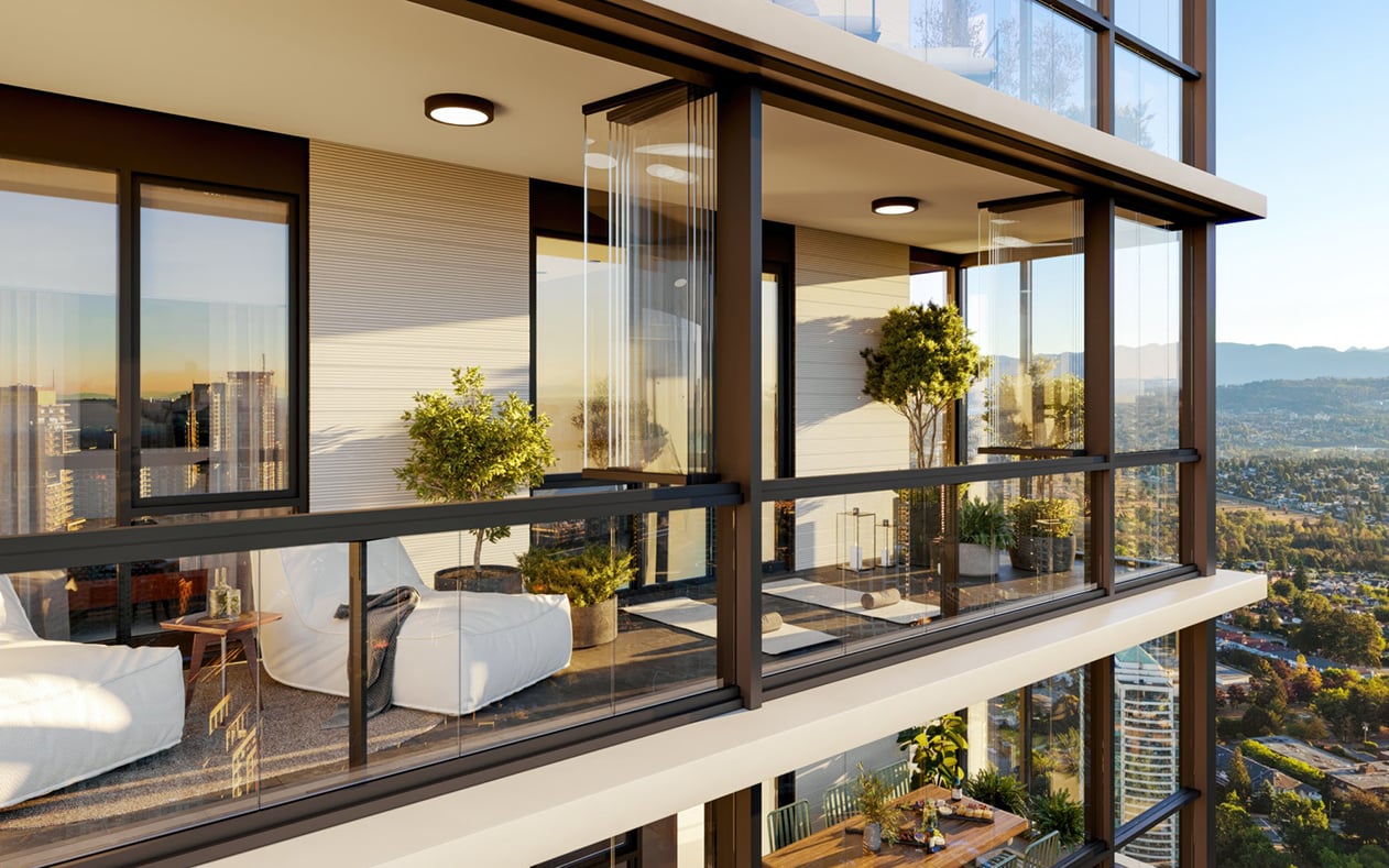 Balconies with furniture and a view of a beautiful blue sky