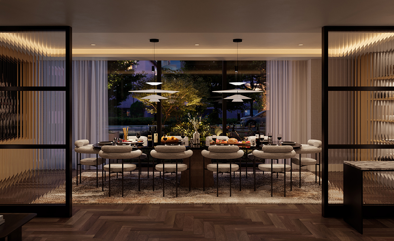 Lounge space at Solhouse 6035 with carpeting, dining table and chairs