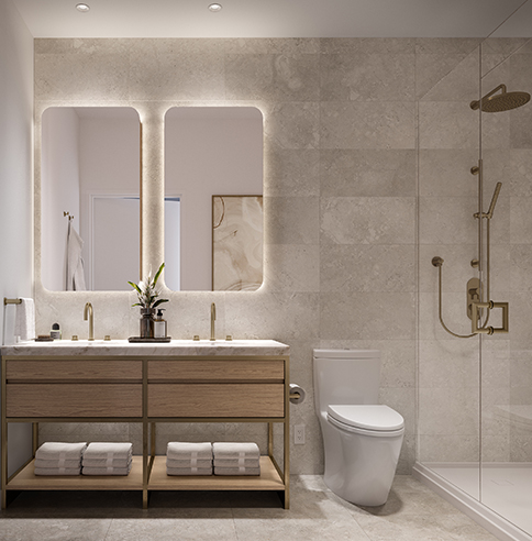 Light scheme bathroom with lights around mirrors and marble finish