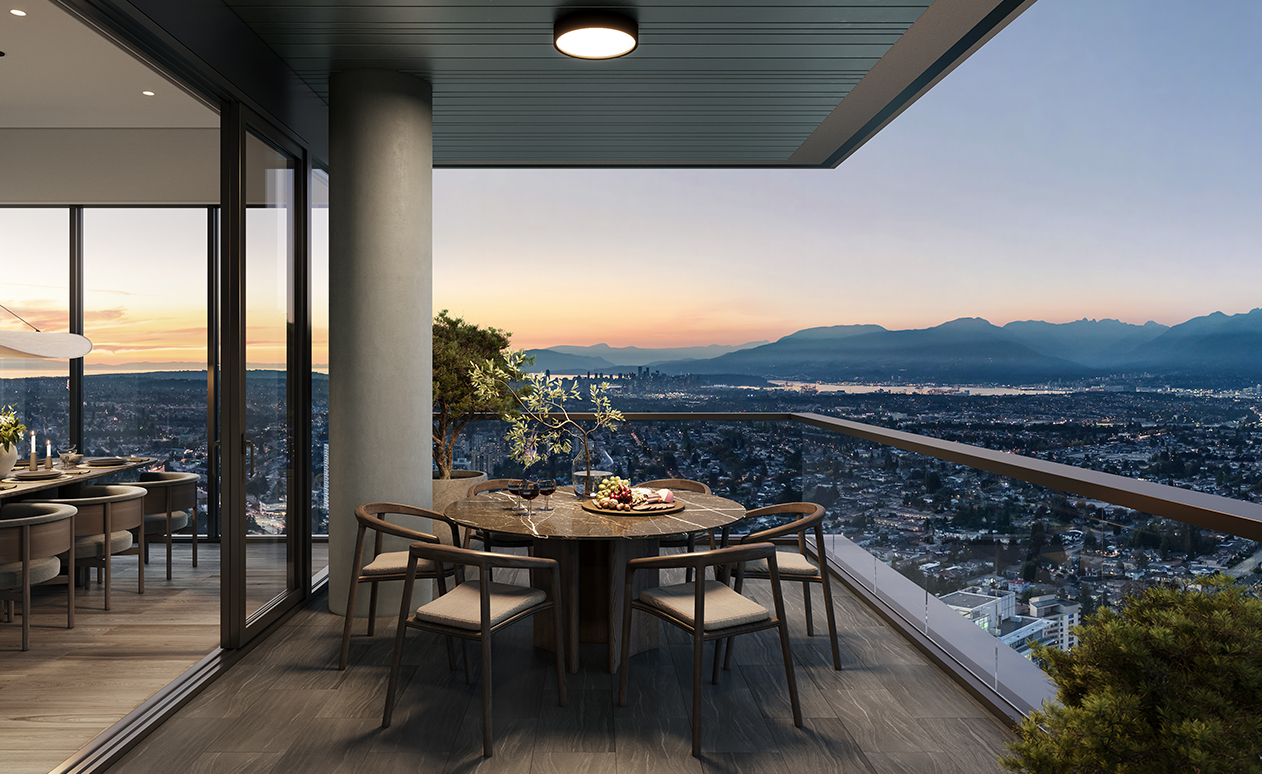 View from Penthouse balcony with a table and chairs ovelrooking a dimly lit Vancouver