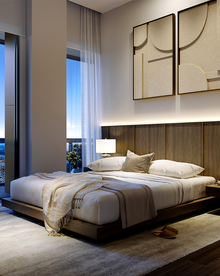 Bedroom with a dark colour scheme overlooking Burnaby