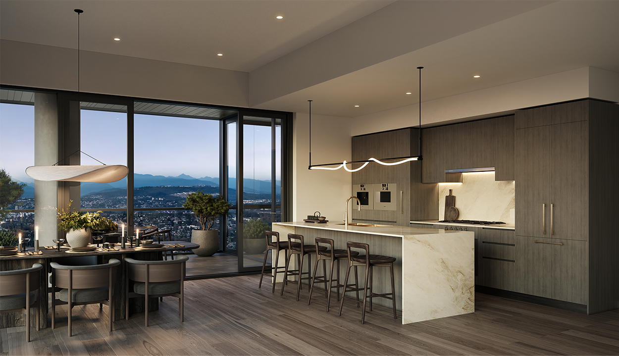 Kitchen in a dark colour scheme with overhead lighting overlooking Vancouver