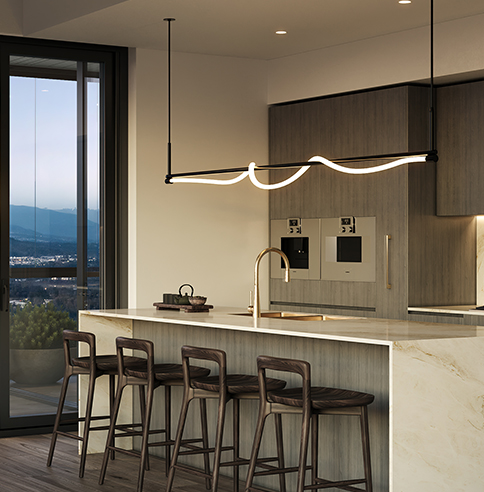 Kitchen at Solhouse with an island and overhead lightning