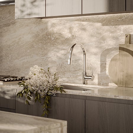 Kitchen sink with a light coloured backsplash