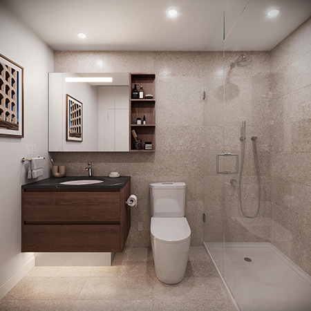 Bathroom with double mirror and sink in a lighter scheme