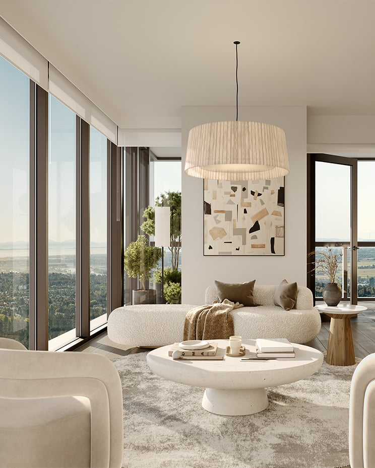 Apartment living area with a couch, coffee table and lighting