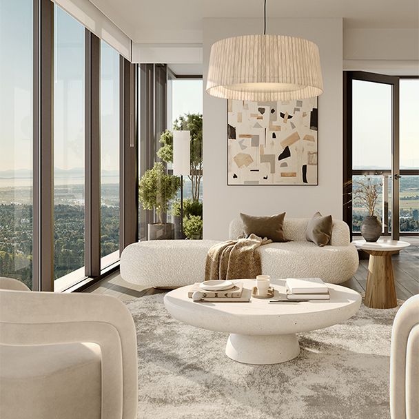 A white colour scheme living room with expansive floor to ceiling windows overlooking greenery