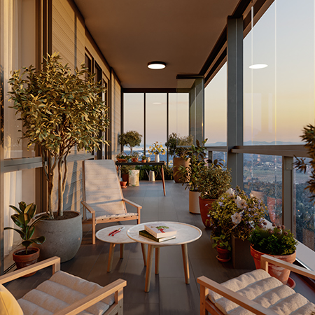 Solhouse enclosed balcony with patio furtniture overlooking dawn