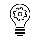 A line icon of a lightbulb with a gear cog inside it