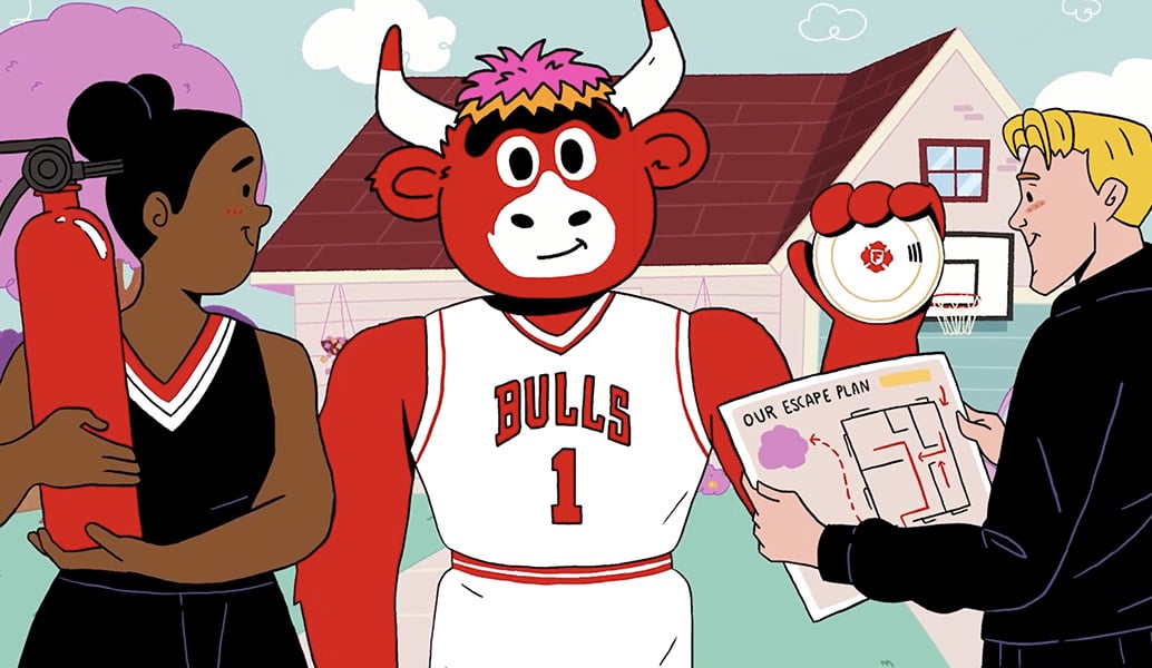 An illustration of the Chicago Bulls mascot with two people holding First Alert products.