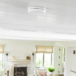 A smoke and carbon monoxide (CO) alarms on the ceiling of a cozy living room.