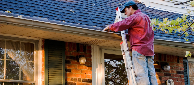 A man standing on a ladder cleaning a gutter