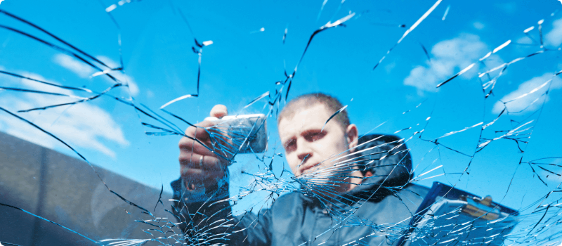 A person taking a photo of a cracked windshield. 