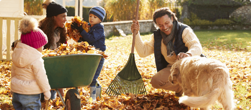Happy family raking leaves in their yard with their dog.