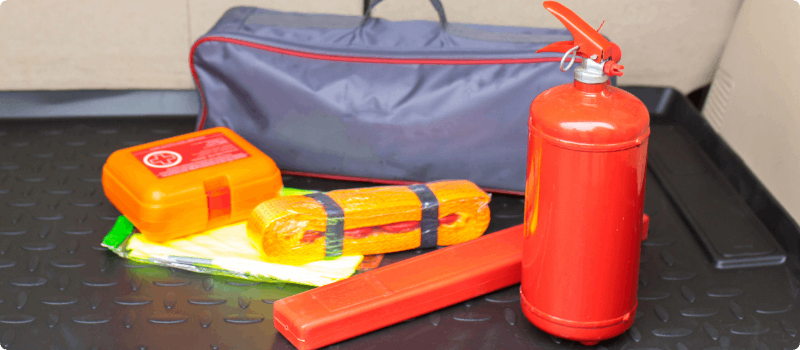 Emergency kit in the back of an SUV. 