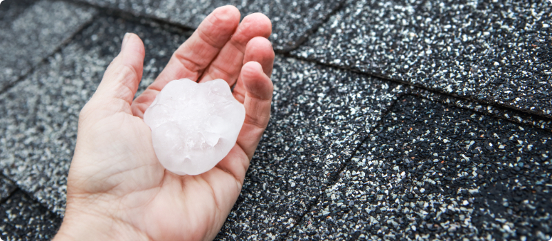 A close up of a hand holding a large ball of hail over their roof.