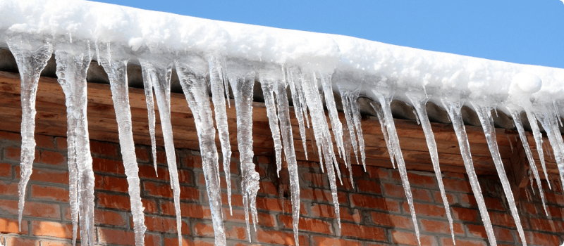 Icicles hanging from roof's gutter. 