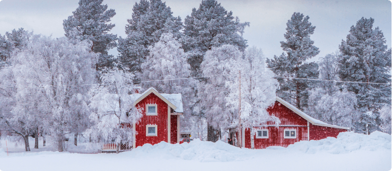 Red house in the snow. 